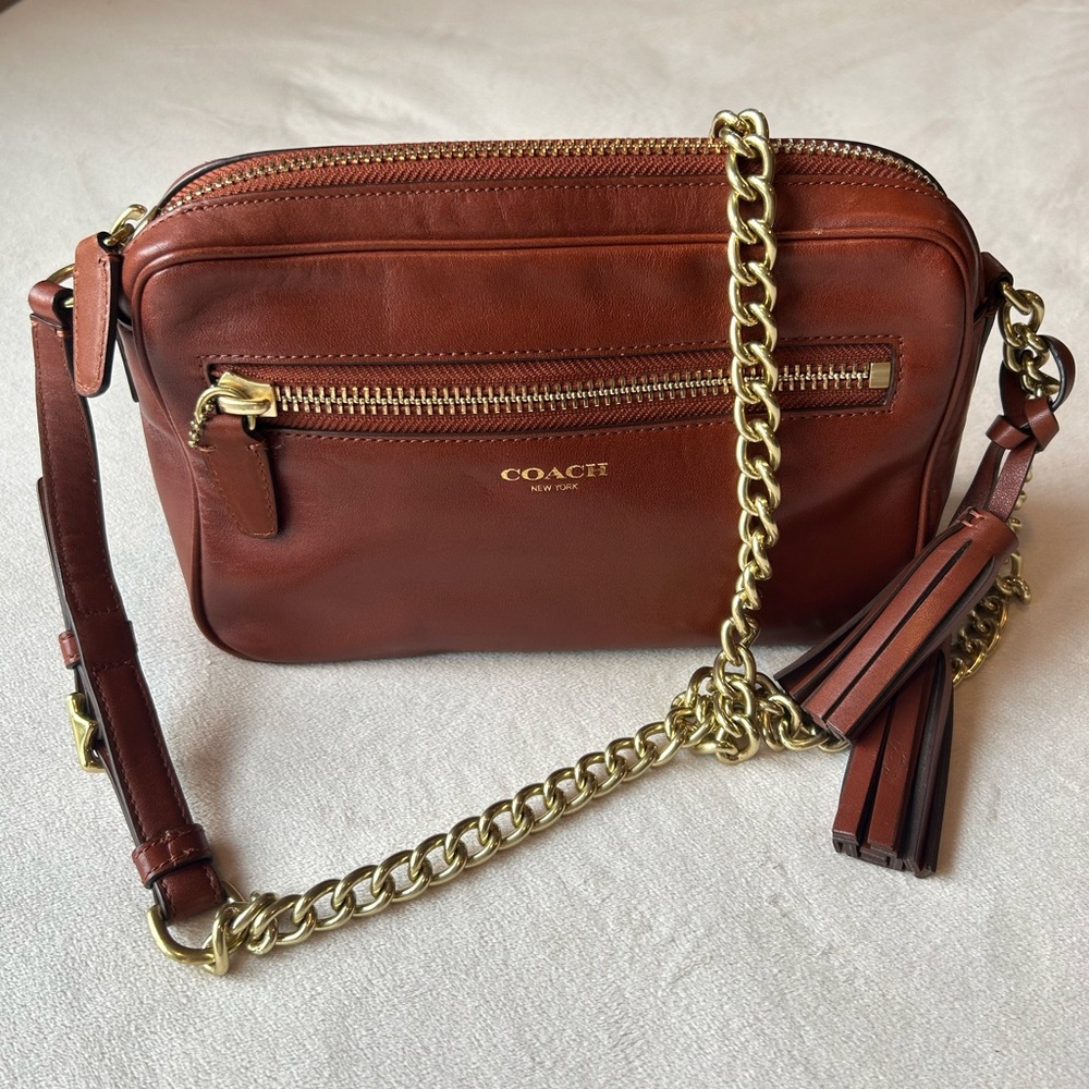 Coach Brown Leather Crossbody Purse with Gold Chain Strap